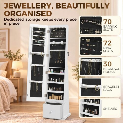 HOMCOM Swivel Jewelry Cabinet with LED Lights, Mirror with Storage, White