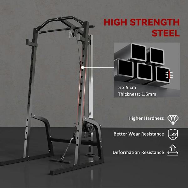 Reinforced steel black cable power rack frame with stability base feet