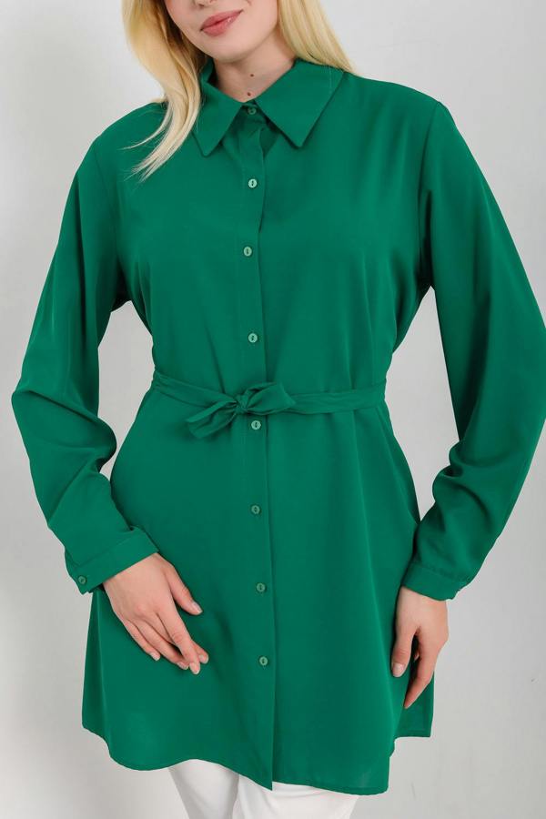Hoxton Gal Oversized Tie Detailed Shirt Tunic with Long Sleeves in Green