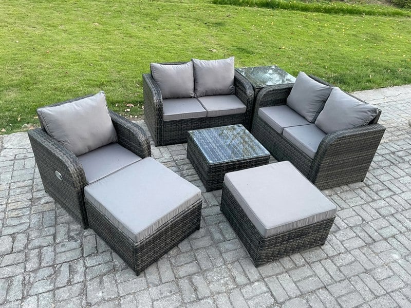 Fimous PE Rattan Garden Furniture Sets Outdoor Love Sofa Chair Set Square Coffee Table Side Table 2 Big Footstool