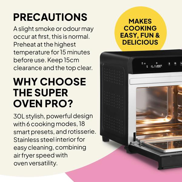 The Fridja f77 Super Oven Pro 30L Digital Air Fryer Oven is shown with its door open on a pink and beige background, highlighting 6 cooking modes, a stainless steel interior, easy cleaning, and a PFAS-free design for safe cooking.