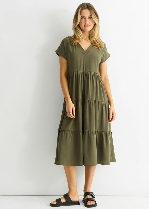 Gini London Khaki V Neck Pocket Smock Midi Dress