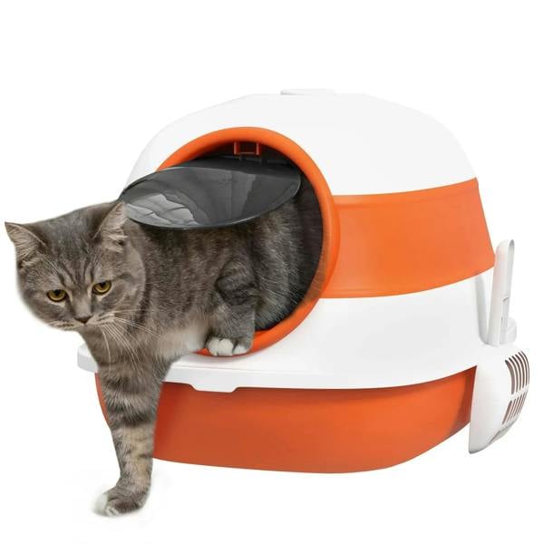 Orange foldable cat litter tray with lidded entrance and side scoop holder