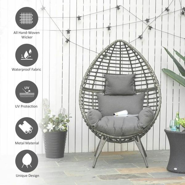 Wicker egg chair with grey cushions and teardrop woven frame