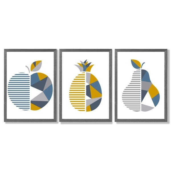 Artze Wall Art Set of 3 Blue & Yellow Geometric Fruit Framed Prints
