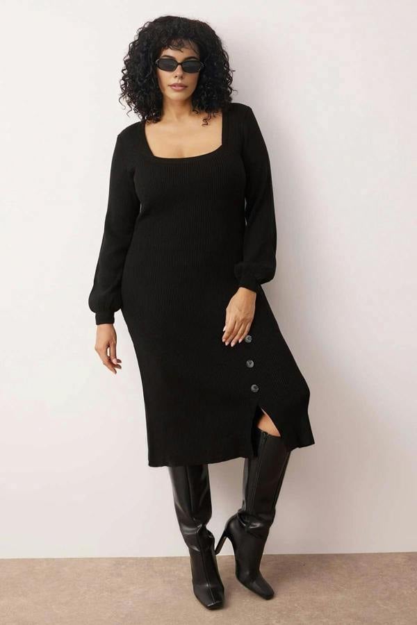WOVCOR Button Detail Slit Knit Dress