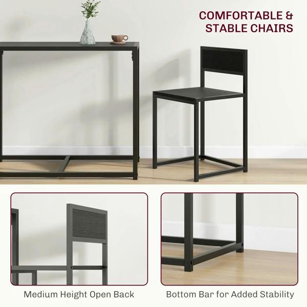 Black dining chair with open back and steel frame beside matching table
