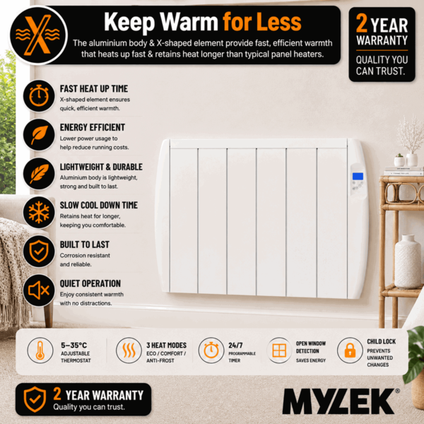 MYLEK Panel Heater Radiator 1500W Electric with Programmable Digital Timer