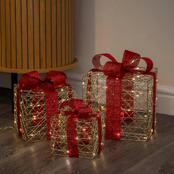 Samuel Alexander Set of 3 Gold Light Up Christmas Parcel Decorations with 90 Warm White LEDs