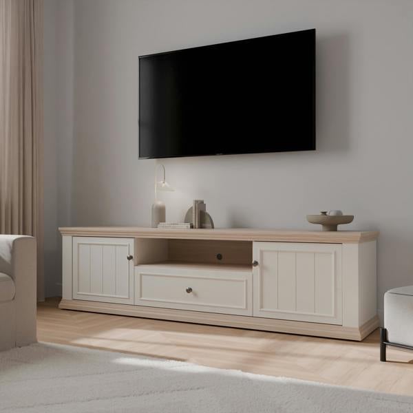 Furniture To Go Pontypool Wide TV Unit with 2 Doors, Drawer & Open Shelf in White and Riva Oak