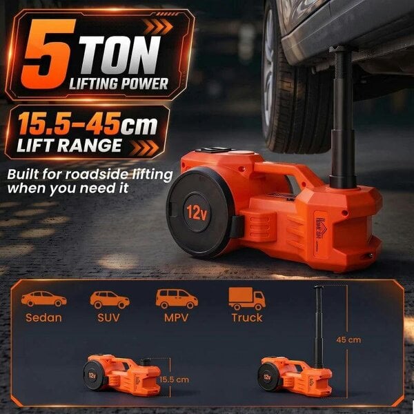 Electric Car Jack Kit, 5Ton 12V Electric Hydraulic Car Jack Lift with 15.5-45 cm Lift, Air Pump, Reflective Case, Orange