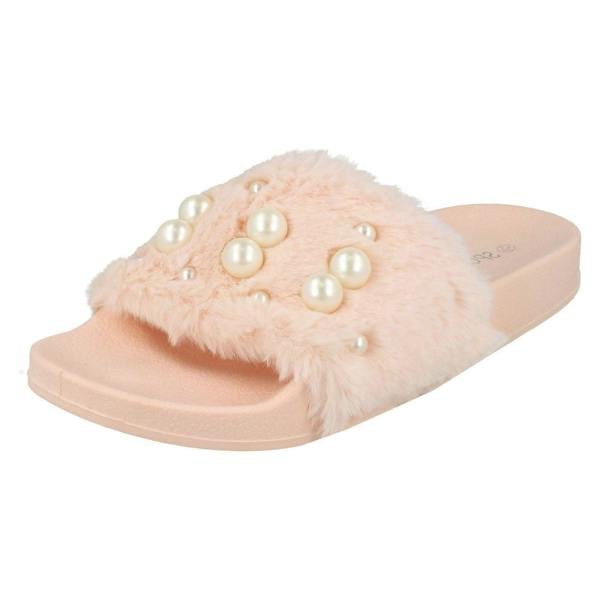 Spot On Ladies Spot On Pearl Trim Faux Fur Slider Style Sandals