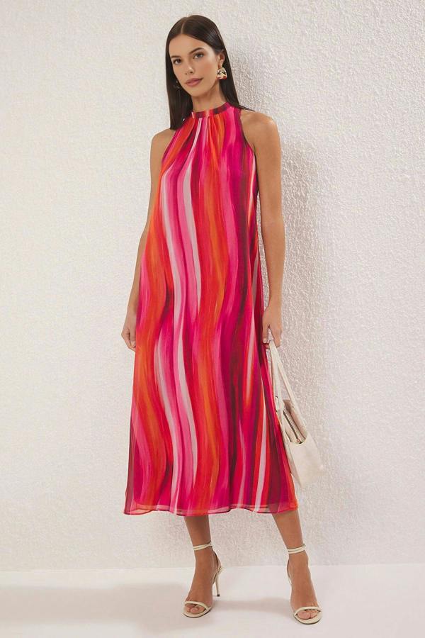 WOVCOR Abstract Patterned Straight Cut Maxi Woven Dress with Tie Detail
