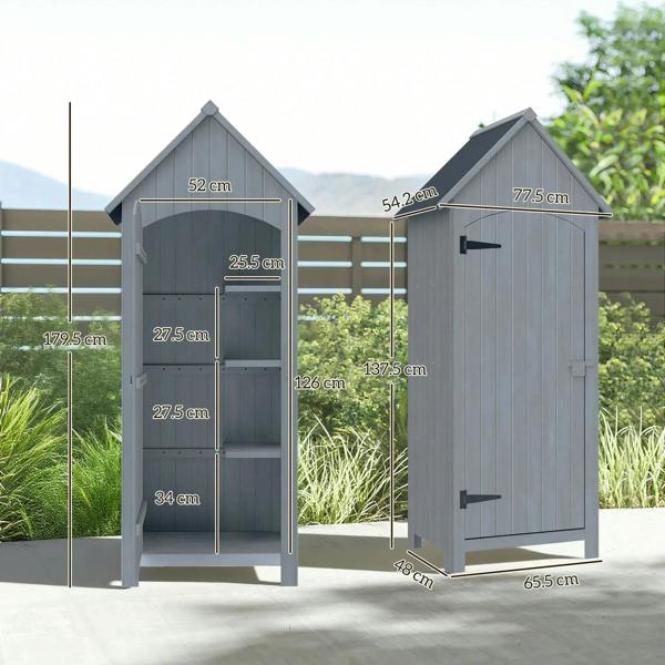 Grey wooden storage shed with tilt roof and lockable door, with visible size measurements