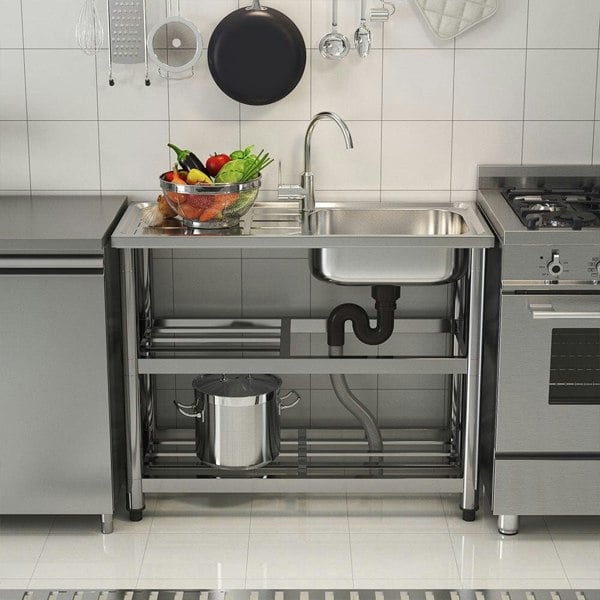 Stainless Steel One Compartment Sink with Drainboard and Shelf Living and Home