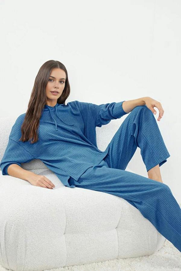 WOVCOR 2 Piece Ribbed Knit Pajama Set with Hood