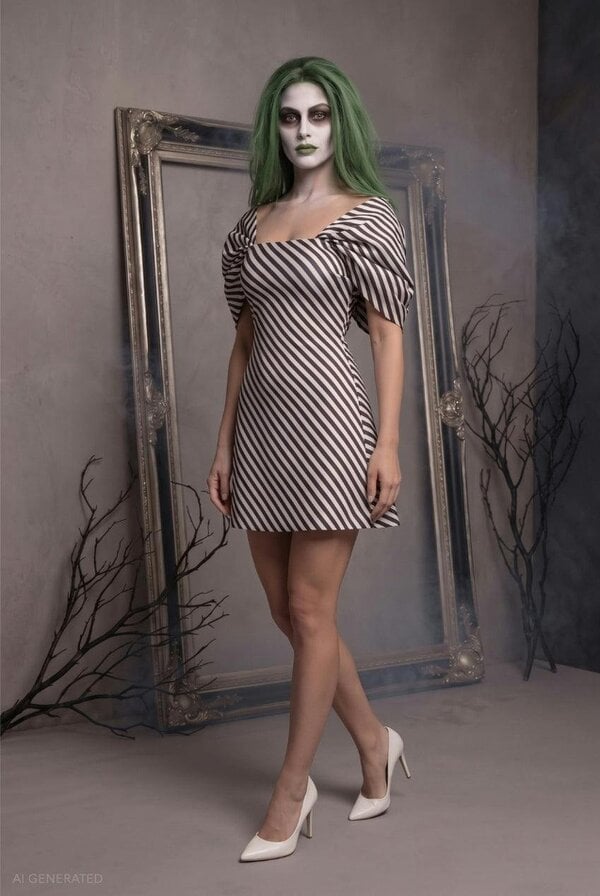 Goddiva Striped A-line Mini Beetlejuice-Inspired Halloween Costume - Black White by Goddiva