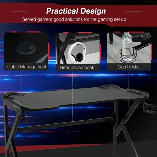 Gaming desk with Cup Holder Headphone Hook Feet Adjustable 120 x 66 x 75cm Black
