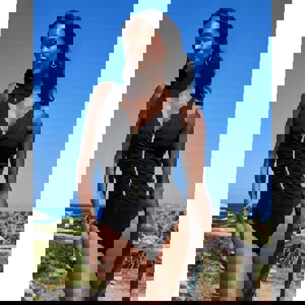 Black Miraclesuit Razzle Dazzle Zipt swimsuit with gold zipper