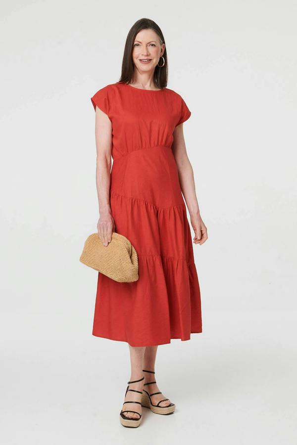 Orange | Cap Sleeve Asymmetric Tiered Midi Dress