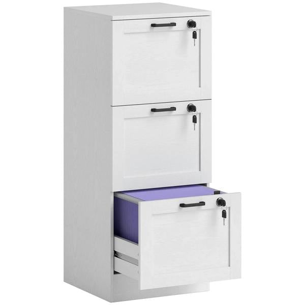White 3-drawer filing cabinet with lock and black handles; bottom drawer slightly open.