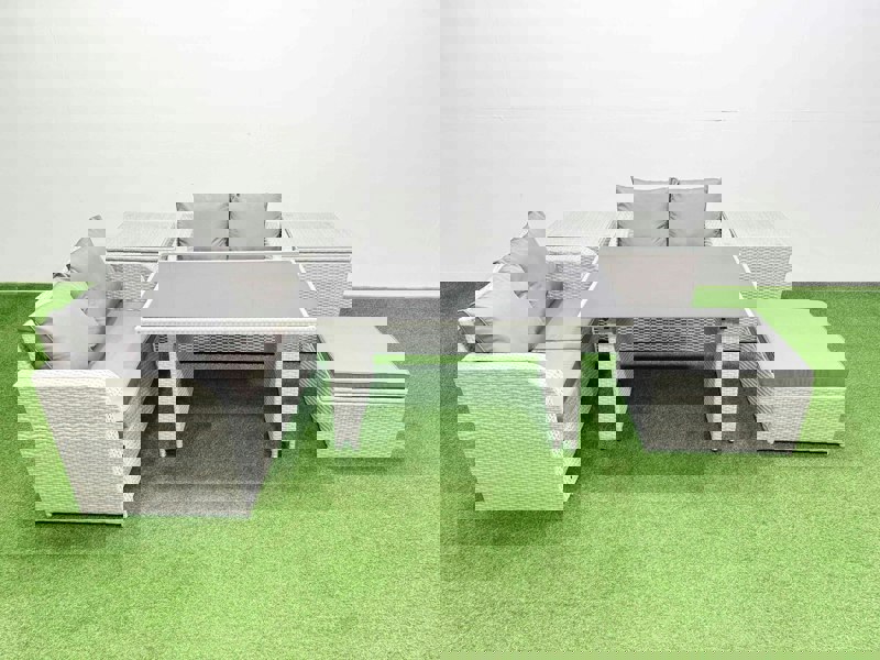 Fimous 6 Pieces Outdoor PE Rattan Sofa Set Patio Garden Furniture Sets with Cushions 2 Side Tables Big Stool Light Grey