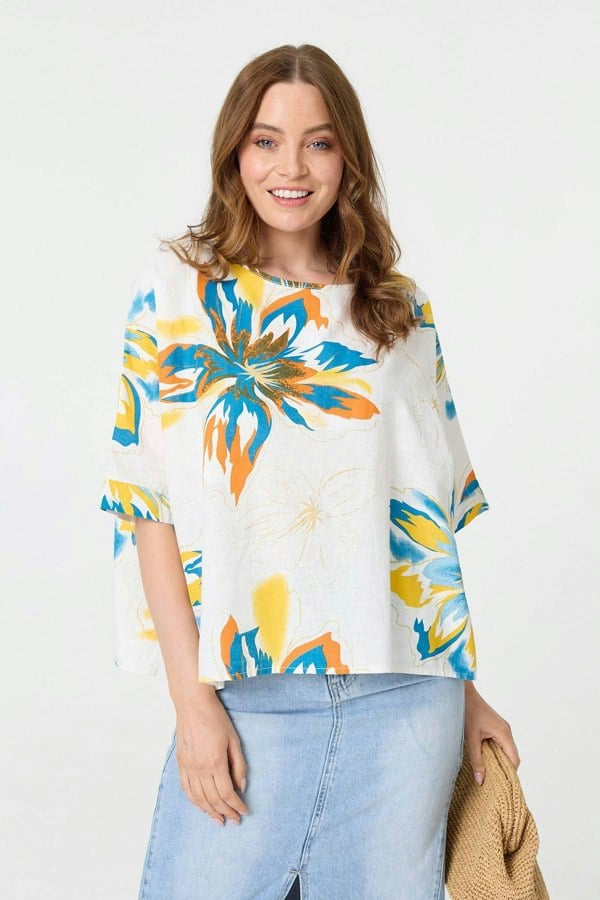 White | Floral 3/4 Sleeve Relaxed Boxy Blouse