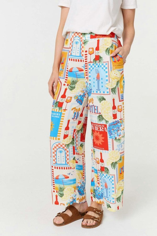 Izabel London Riviera Print Wide Leg Trousers