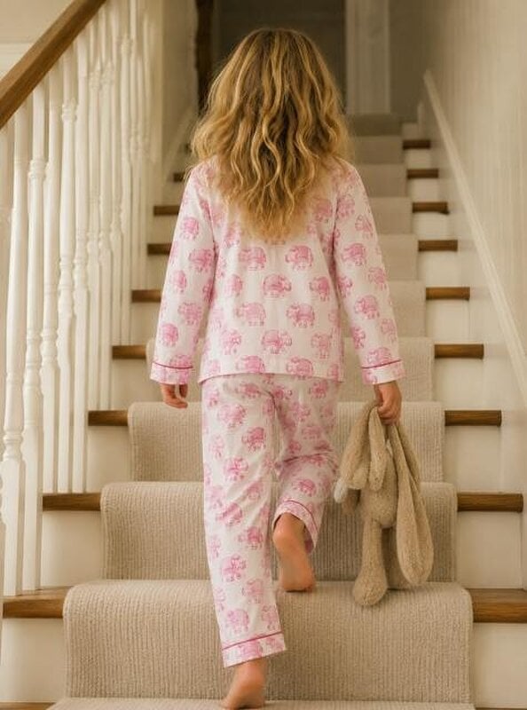 Kids Elephant print pyjamas in woodblock print cotton voile. Available in pink, blue & Green