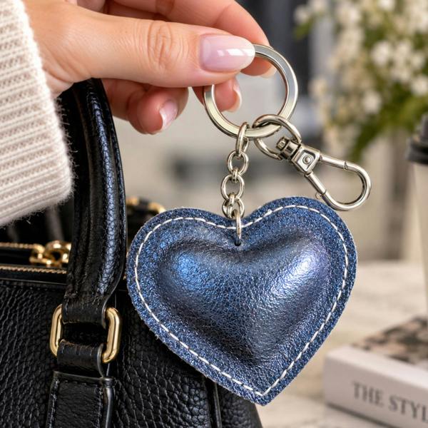 Love EMVY Genuine Leather Metallic Heart Keyring & Bag Charm - Navy