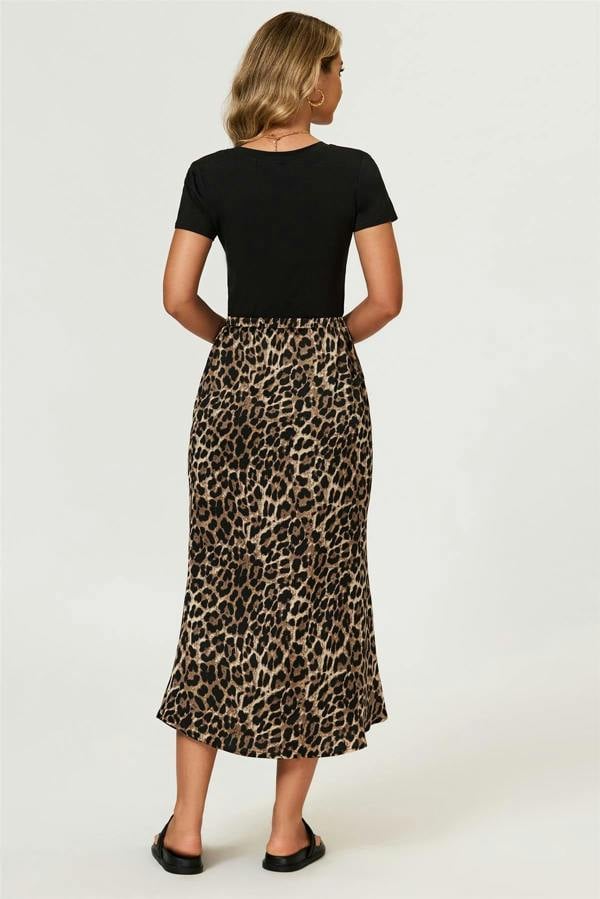 FS Collection Leopard Print Satin Midi Skirt In Brown