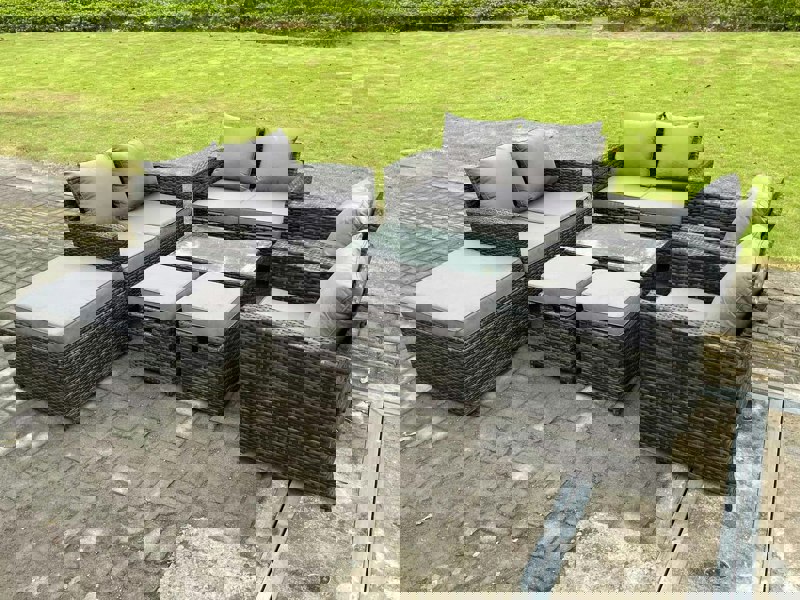 Fimous 9 Seater High Back Rattan Sofa Set with Coffee Table, 2 Sofas, 2 Chairs & 3 Footstools - Dark Grey