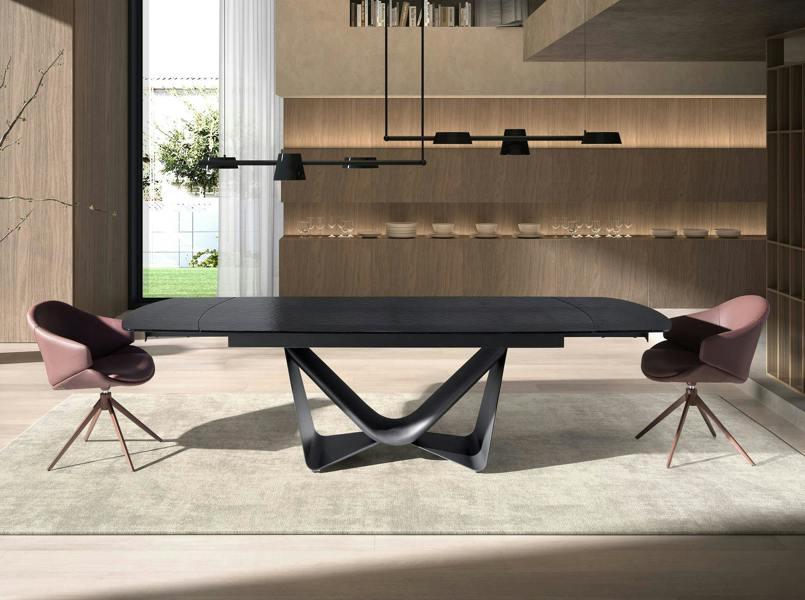 Angel Cerdá Extendable barrel oval dining table in black glass, steel, dark grey fiberglass and metal 1196