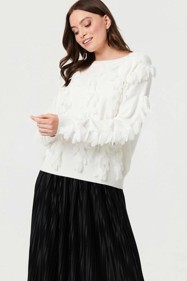 White | Feather Embellished Long Sleeve Jumper