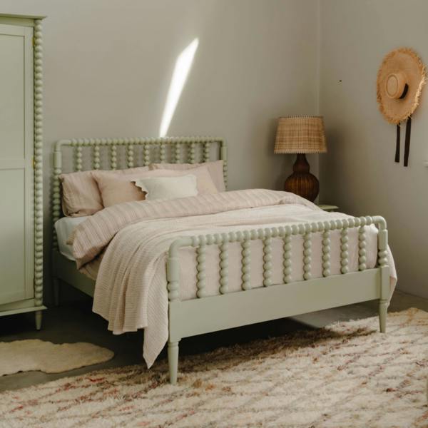 Statement Furniture Cromwell Wooden Bed Frame with Bobbin Design Headboard and Foot End - Pale Olive