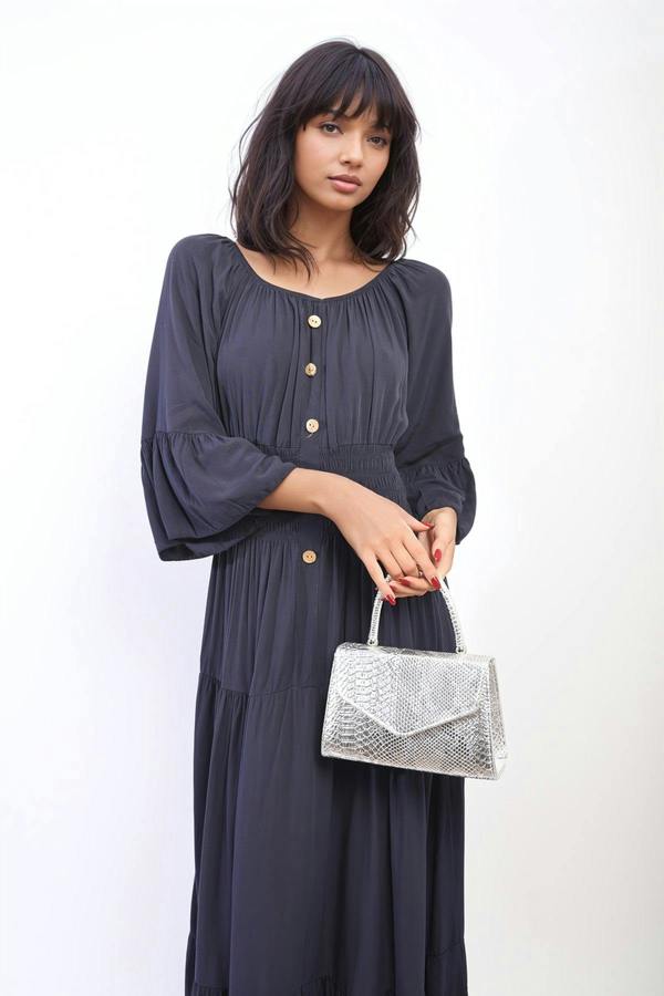 Leah Ruffle Hem Sleeve Shirred Waist Tiered Maxi Dress - Navy