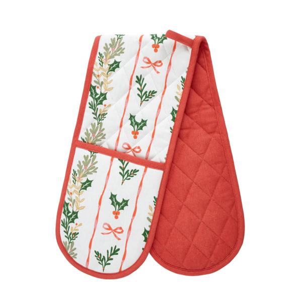 Catherine Lansfield Christmas Holly Stripe Cotton Kitchen Double Oven Glove Cream / Red