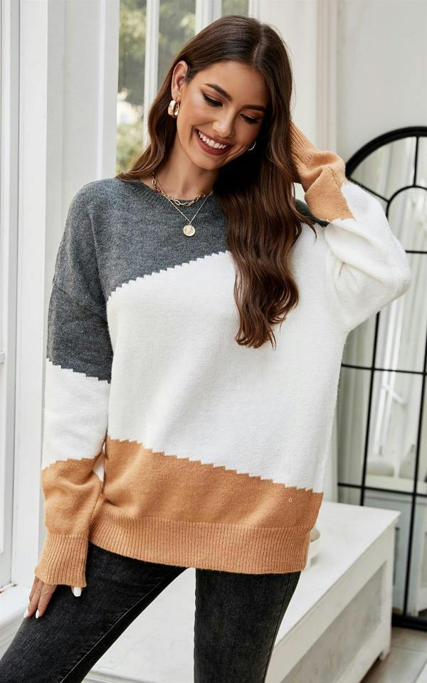 FS Collection Grey & Camel Block Colour Jumper Top In Beige