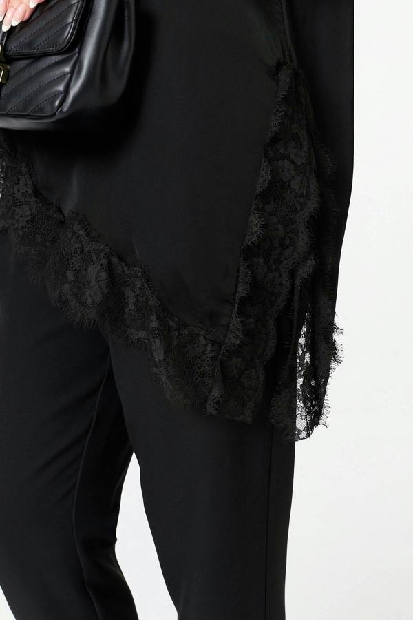Black | Lace Trim Asymmetric 1/2 Sleeve Top