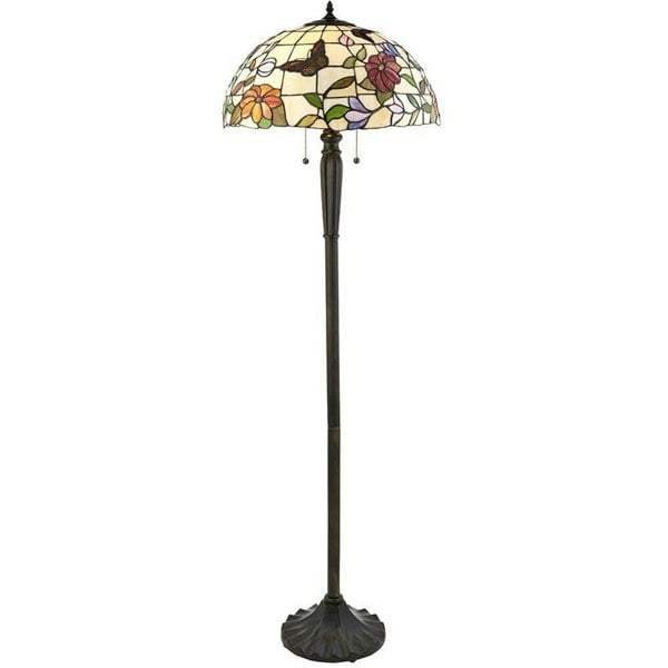 1.6m Tiffany Twin Floor Lamp Dark Bronze & Butterfly Stained Glass Shade i00007 Loops