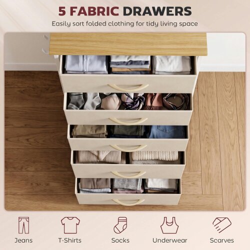 HOMCOM Fabric Chest of Drawers, 5 Drawer Dresser for Bedroom, Beige