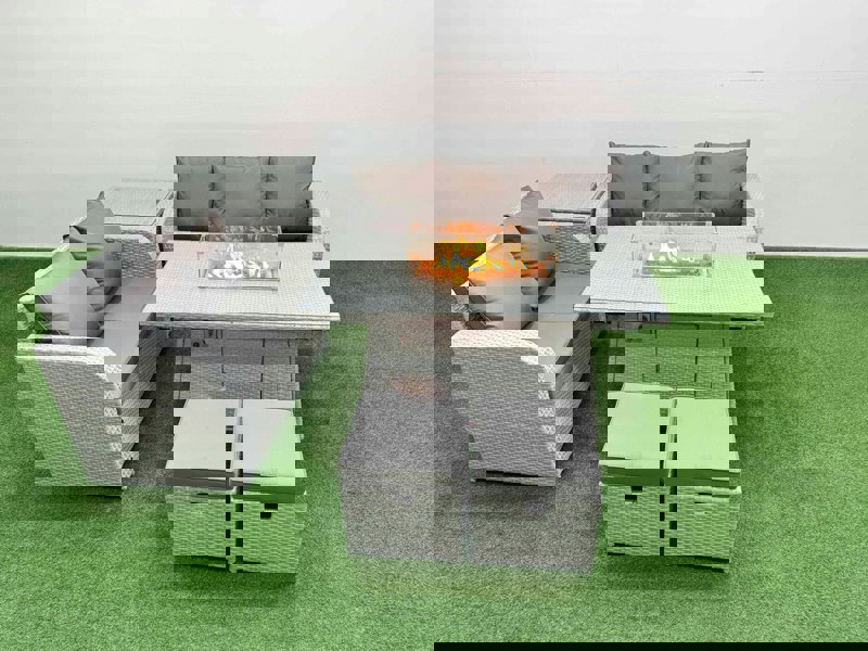 Fimous 7 Seater PE Rattan Wicker Garden Furniture Patio Conservatory Sofa Set with Fire Pit Dining Table 3 Seater Sofa Love Sofa 2 Stools Side Table