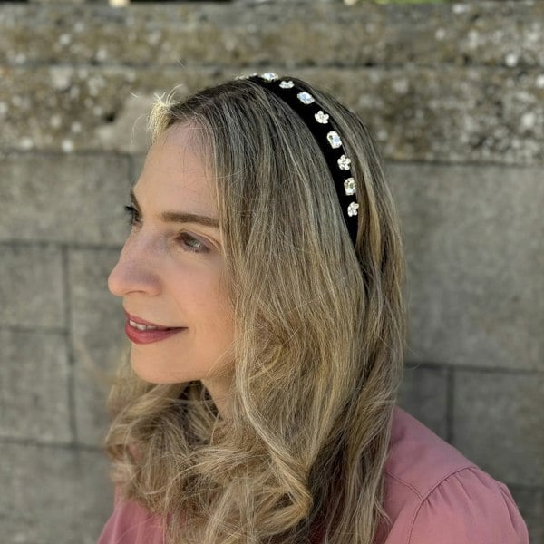 Black Velvet Hair Band, Slim Gem Headband, Elegant Black Hairband With Crystals, Velvet Evening Hair Accessory, Sparkly Slim Headpiece, Vintage Inspired Black Gem Hairband
