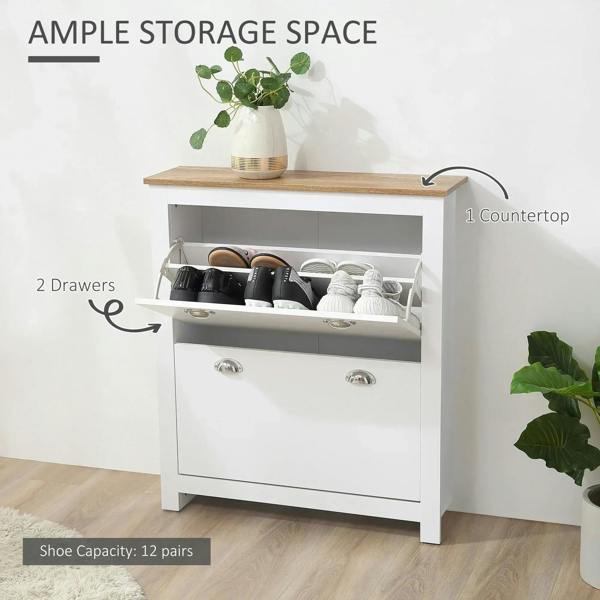 White shoe cabinet with wood top; open flip compartment for shoe storage plus two drawers