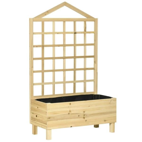 Natural wood trellis planter with raised bed and lattice frame, empty insert inside