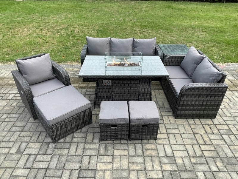 Fimous Garden Patio Furniture Wicker Rattan Gas Fire Pit Table and Sofa Chair set with Side Table 3 Footstool