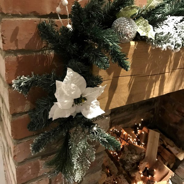 Samuel Alexander 1.8M (6ft) White Poinsettia Christmas Garland Silver Balls Glitter Snow Flocked