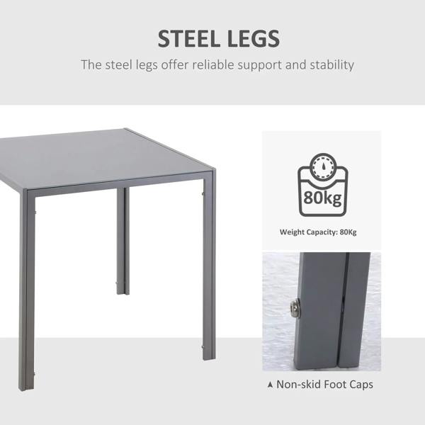 Grey square dining table with steel legs and non-slip foot caps
