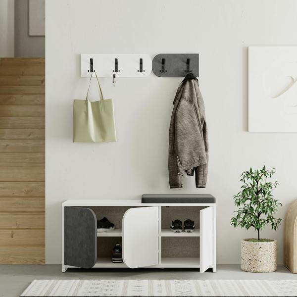 Decortie Modern Moni Shoe Cabinet 3-Door Storage Cabinet with 5-Hook Organiser Set Fabric Seat
