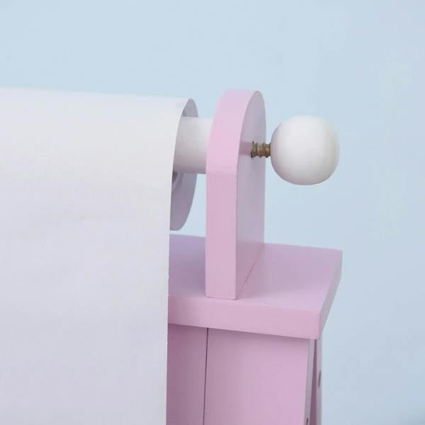 Pink wooden easel frame with round knob handle on the side